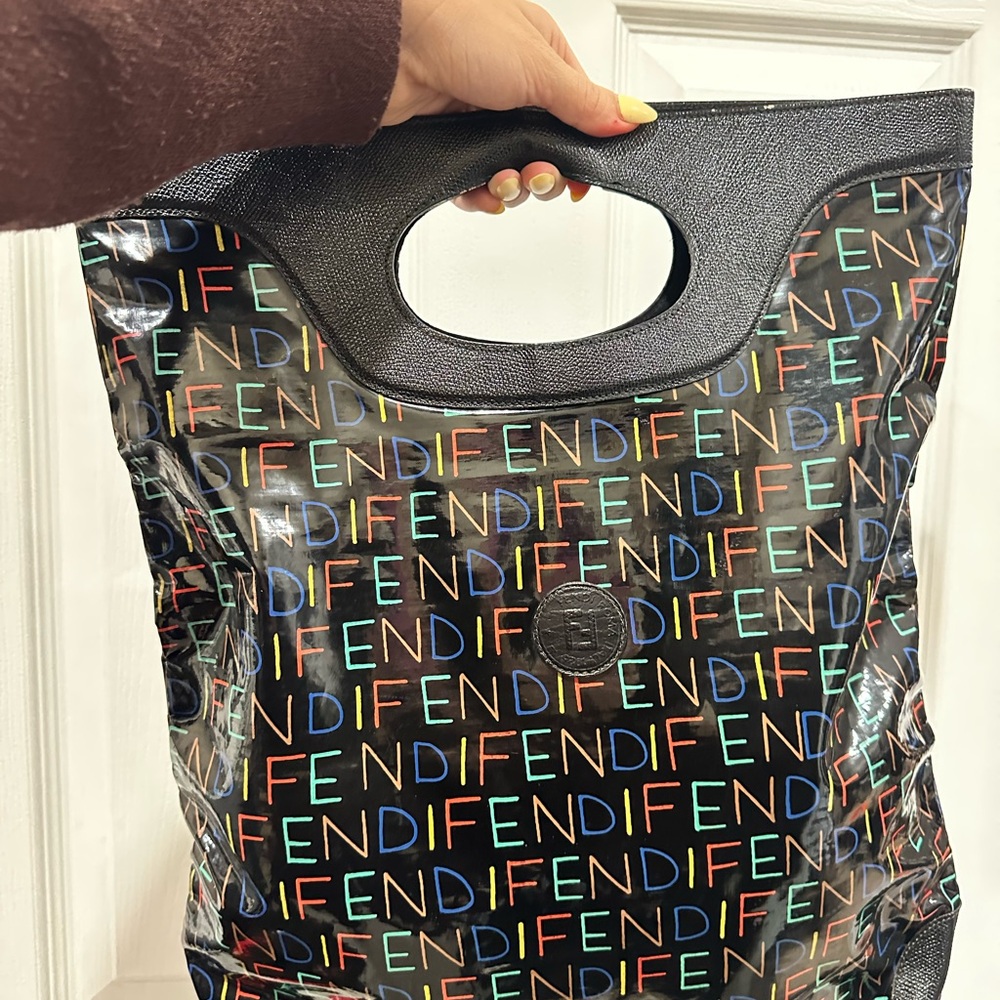 Authentic Fendi Black Patent Leather Tote with Multicolor Logo Print